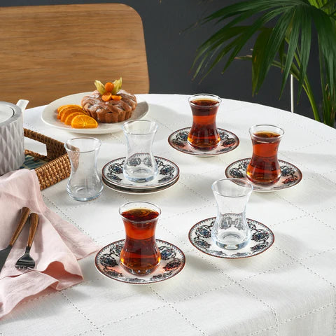 Karaca Nakkas 12-Piece Bone China Turkish Tea Set for 6 People, 130ml, Red