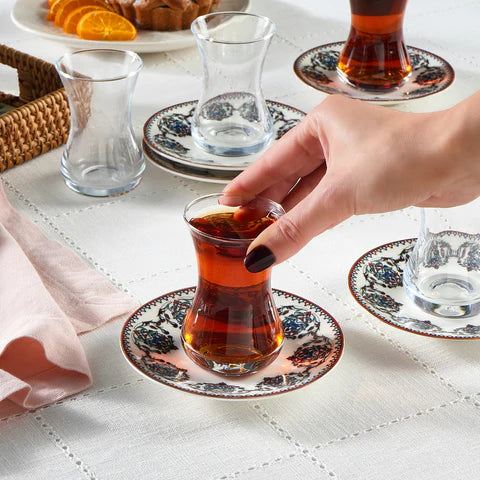 Karaca Nakkas 12-Piece Bone China Turkish Tea Set for 6 People, 130ml, Red