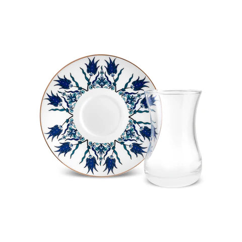 Karaca Iznik 12-teiliges Türkisches Teeset aus Bone China für 6 Personen, 130 ml, Blau