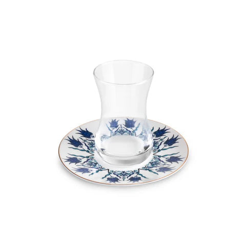 Karaca Iznik 12-Piece Bone China Turkish Tea Set for 6 People, 130ml, Blue