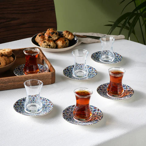 Karaca Emirgan 12-Piece Bone China Turkish Tea Set for 6 People, 130ml, Multi