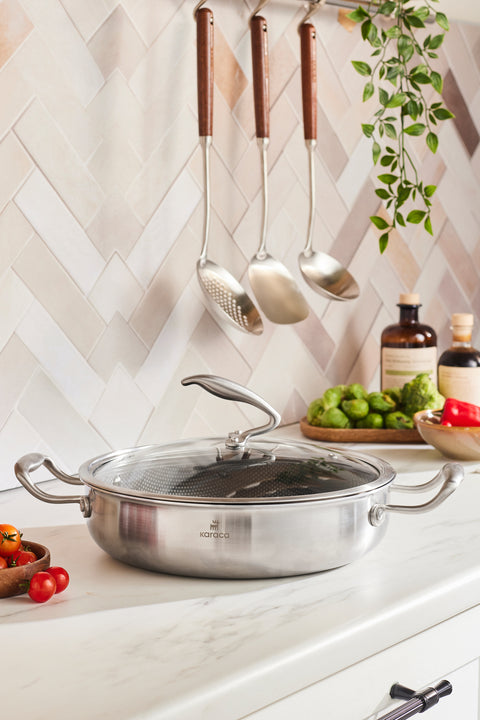 Karaca 5Ply PowerSteel 316+ Paslanmaz Çelik İndüksiyon Basık Tencere ve Kapak, 28 cm, Gümüş