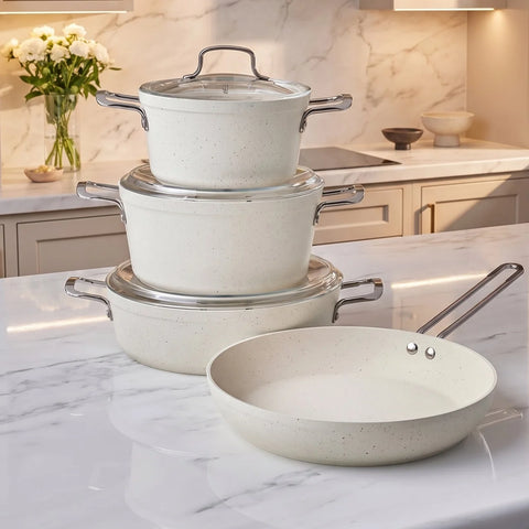 Karaca Granite Whitestone 7-Piece Non-Stick Induction Cookware Set, White