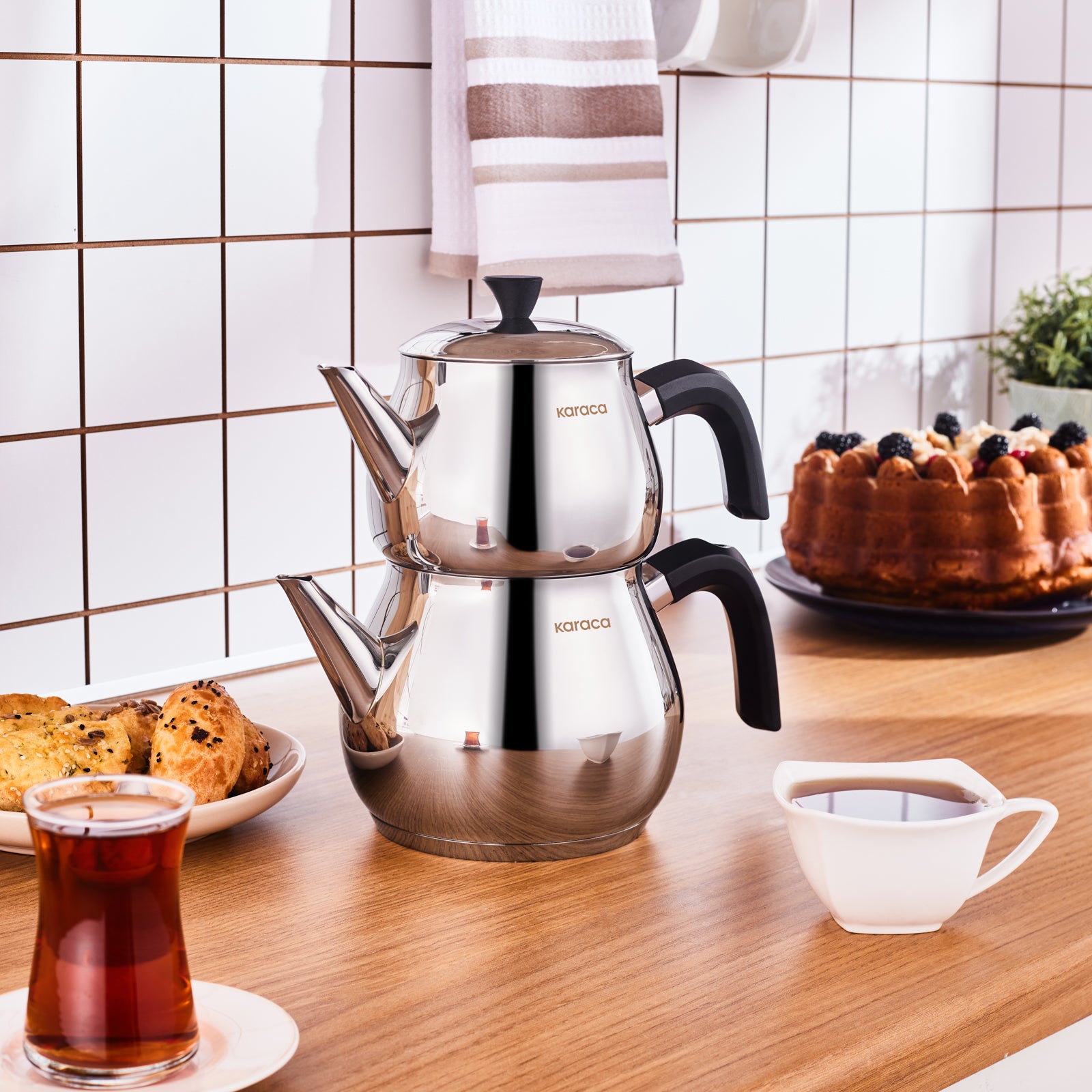karaca チャイダンルック　トルコ Karaca Kayra Black Turkish Tea Pot Set