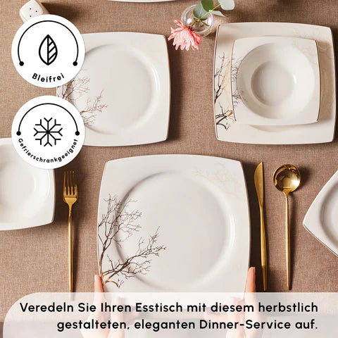 Karaca Square Bone China Autumn 53-teiliges Tafelservice für 12 Personen, Weiß Mehrfarbig