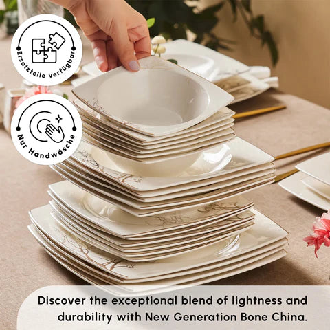 Karaca Square Bone China Autumn 53-teiliges Tafelservice für 12 Personen, Weiß Mehrfarbig