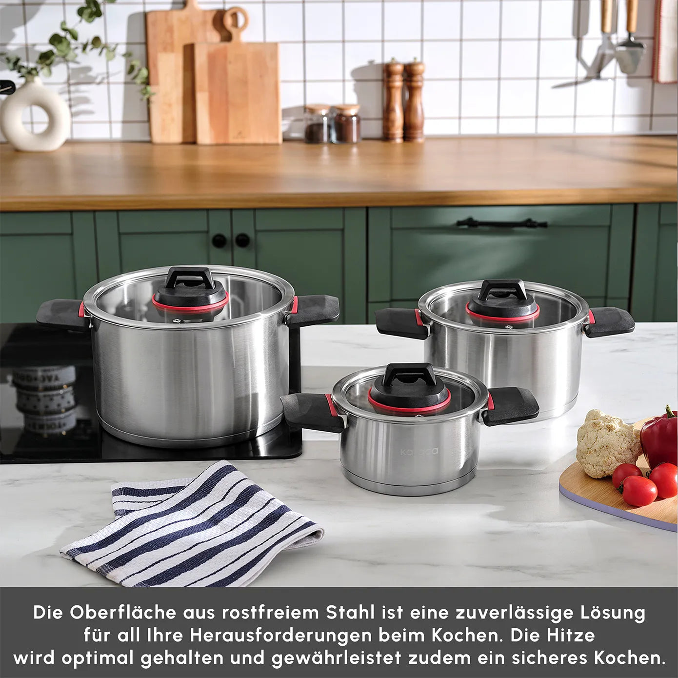 Moneta Etnea Minispace Set 7 Stück: 1 Abnehmbarer Griff, Pfanne 24 Und 28 Cm, Kasserolle 16 Und 20 Cm, Glasdeckel Mit Silikonrand, 16 Und 20 Cm