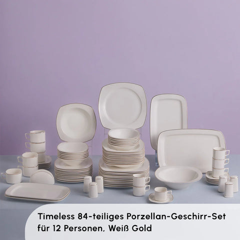 Karaca Timeless Gold Square Dinnerware Set for 12 Person, 84 Piece