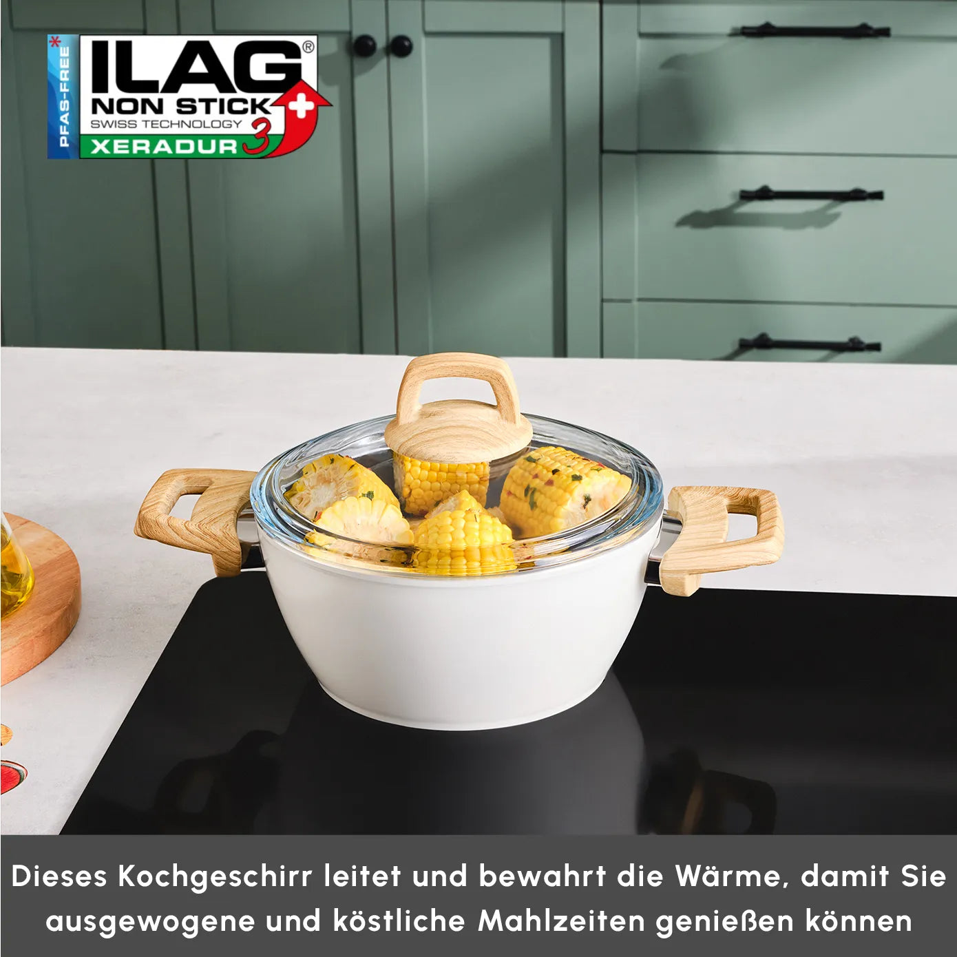 Karaca Swiss Crystal 7-teiliges Kochset – Induktionsfähig, Mit Antihaftbeschichtung, PFAS-frei | In Creme